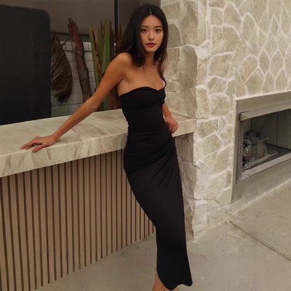 Women lothing Summer Sexy Wrapped Chest Slim Side Slit Long Solid Color Dress by Ragazza