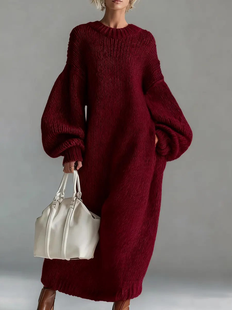 Women Stand Alone round Neck Loose Lantern Sleeve Long Knitted Sweater Dress  DestGlow
