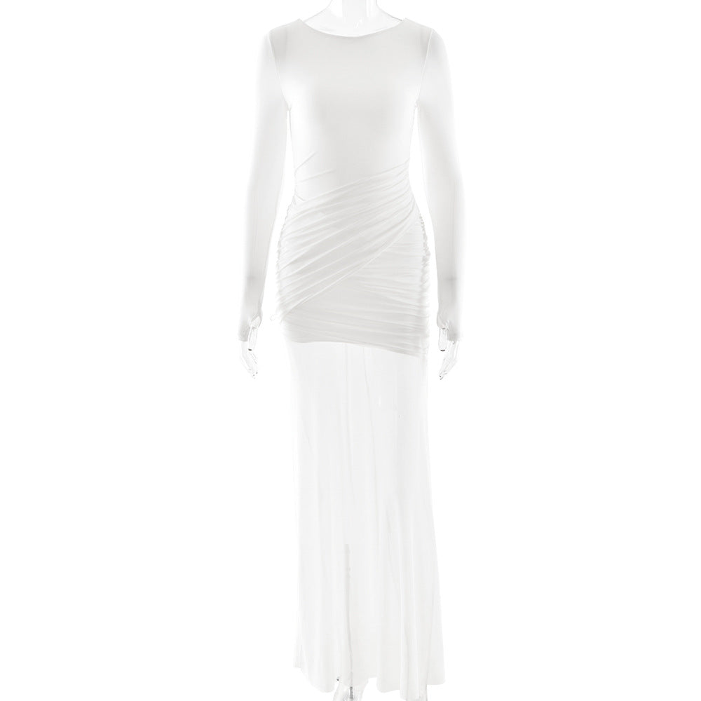 Women Clothing Autumn Winter Voile See through Solid Color Dress Sexy Slim Fit Backless Split Dress by Ragazza