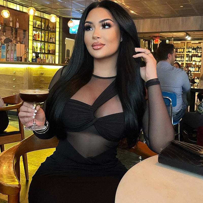 Women Clothing round Neck Mesh Stitching Long Sleeves Mid Length Tight Dress by Ragazza