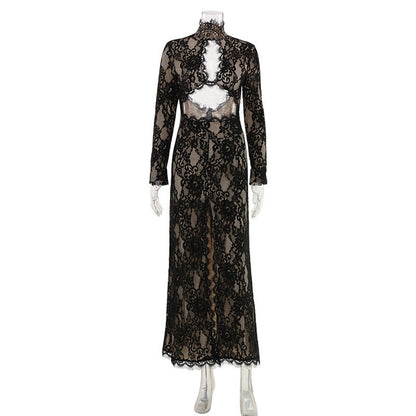 Women Clothing Sexy Cutout Design Turtleneck High Slit Red Carpet Lace Dress Women  DestGlow