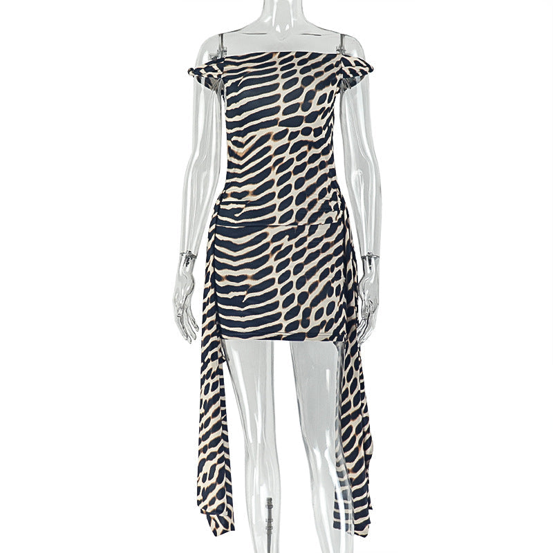 Special Women Clothing Street Leopard Print Printed Lace up Hip Dress Diagonal Collar Sleeveless Office Short Dress by Ragazza
