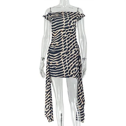 Special Women Clothing Street Leopard Print Printed Lace up Hip Dress Diagonal Collar Sleeveless Office Short Dress by Ragazza