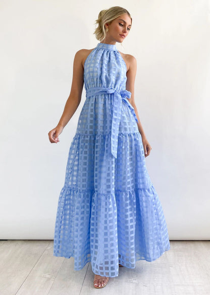 Spring Summer Stand Collar Solid Color Plaid Retro Maxi Dress Casual Dress for Women by Ragazza