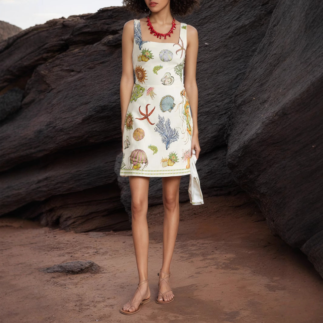 Summer Autumn Backless Print Casual Sling Mini Dress by Ragazza