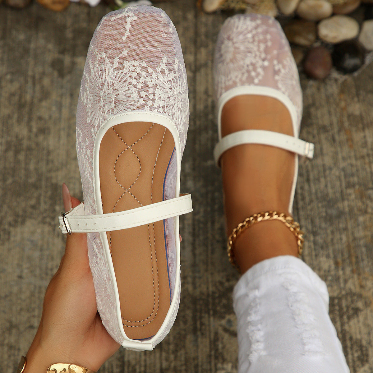 Mesh Breathable Low Top Shoes Women Vintage Mary Jane Flat Shallow Belt Buckle Loafers  DestGlow