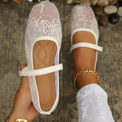 Mesh Breathable Low Top Shoes Women Vintage Mary Jane Flat Shallow Belt Buckle Loafers  DestGlow