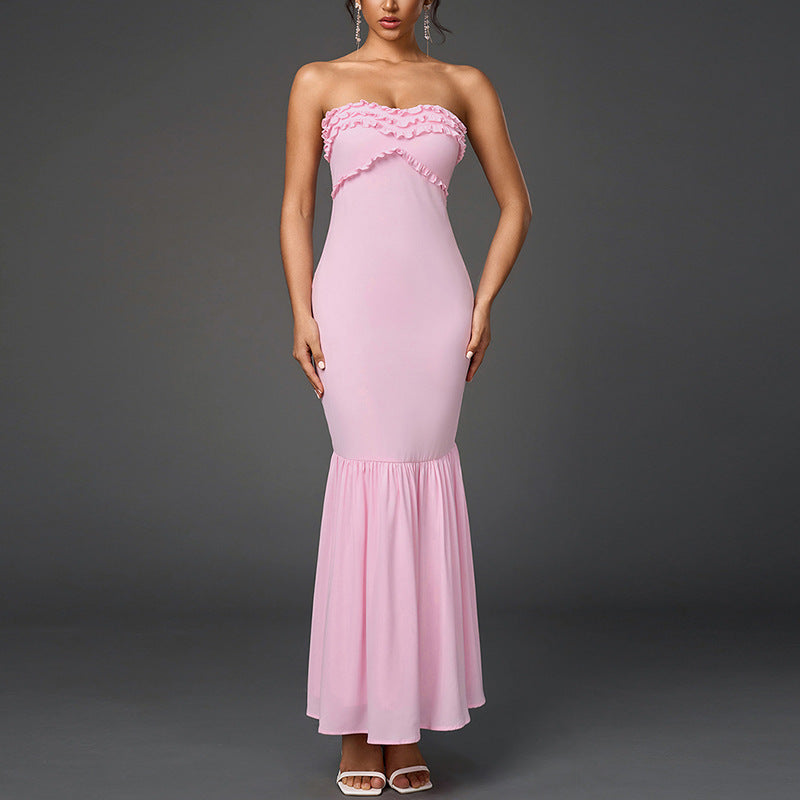 Chiffon Tube Top Dress Sexy Backless Wooden Ear Smocking Stitching Hip Dress by Ragazza