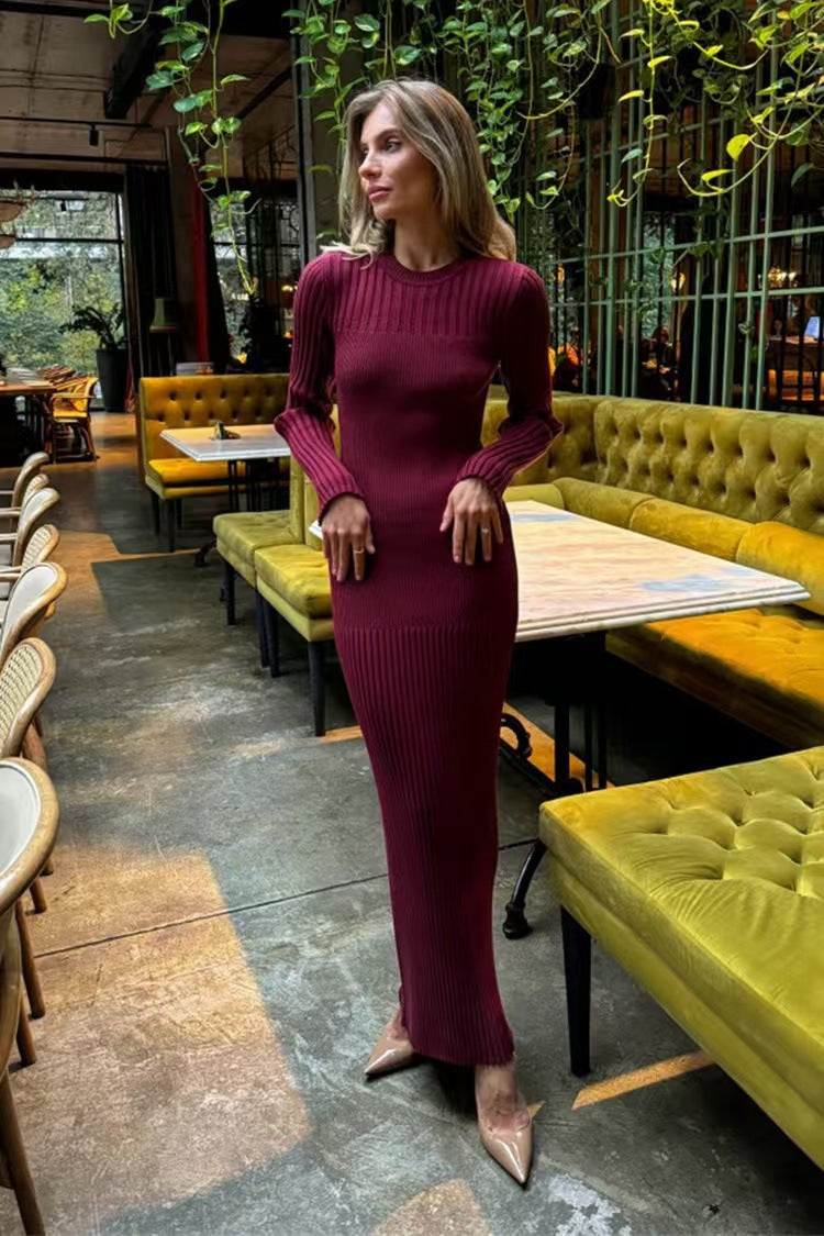 Long Sleeve Fall Winter Sweater Dress Women Knitted round Neck Sunken Stripe Solid Color Tight Dress Women by Ragazza