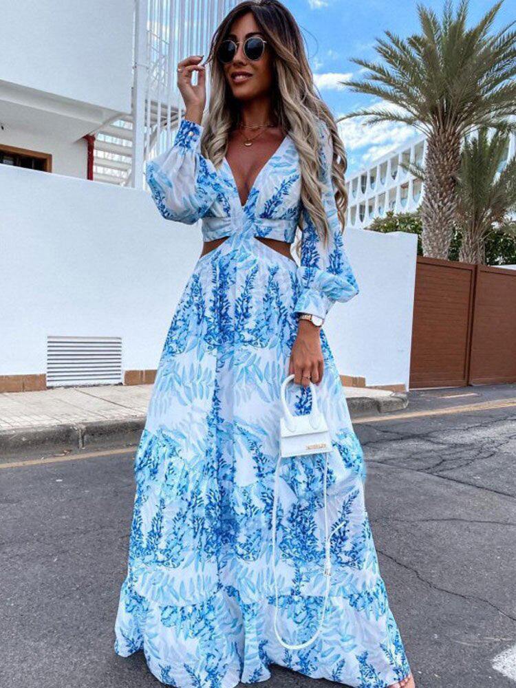 Women Wear Spring Long Printed V neck Long Sleeve Elegant Dress by Ragazza
