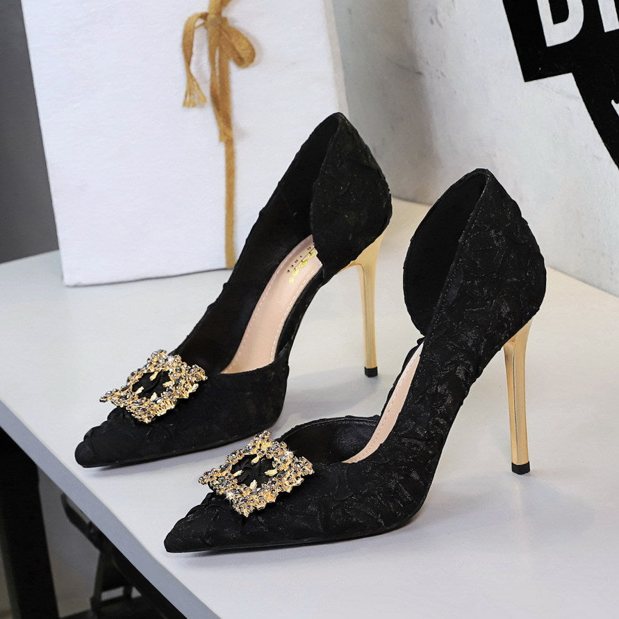 French Rhinestone Square Buckle Side Hollow Out Cutout Slip on Super High Heel Satin Gentle Elegant Stiletto Wedding Shoes  DestGlow
