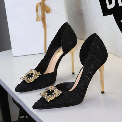 French Rhinestone Square Buckle Side Hollow Out Cutout Slip on Super High Heel Satin Gentle Elegant Stiletto Wedding Shoes  DestGlow