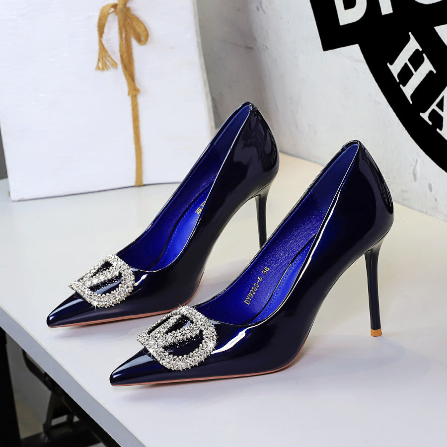 Sexy Party Super High Heel Women Shoes Dignified Rhinestone V Buckle Pointed Toe Shallow Mouth Stiletto Heel Pumps  DestGlow