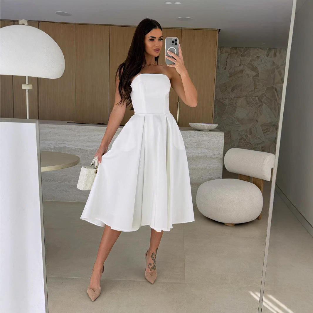 Women Clothing Women Clothing Summer Solid Color Wrapped Chest Midi Dress by Ragazza