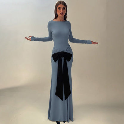 Women Clothing Summer Solid Color Pleated Waist Controlled Lace up Long Sleeve Dress Women by Ragazza