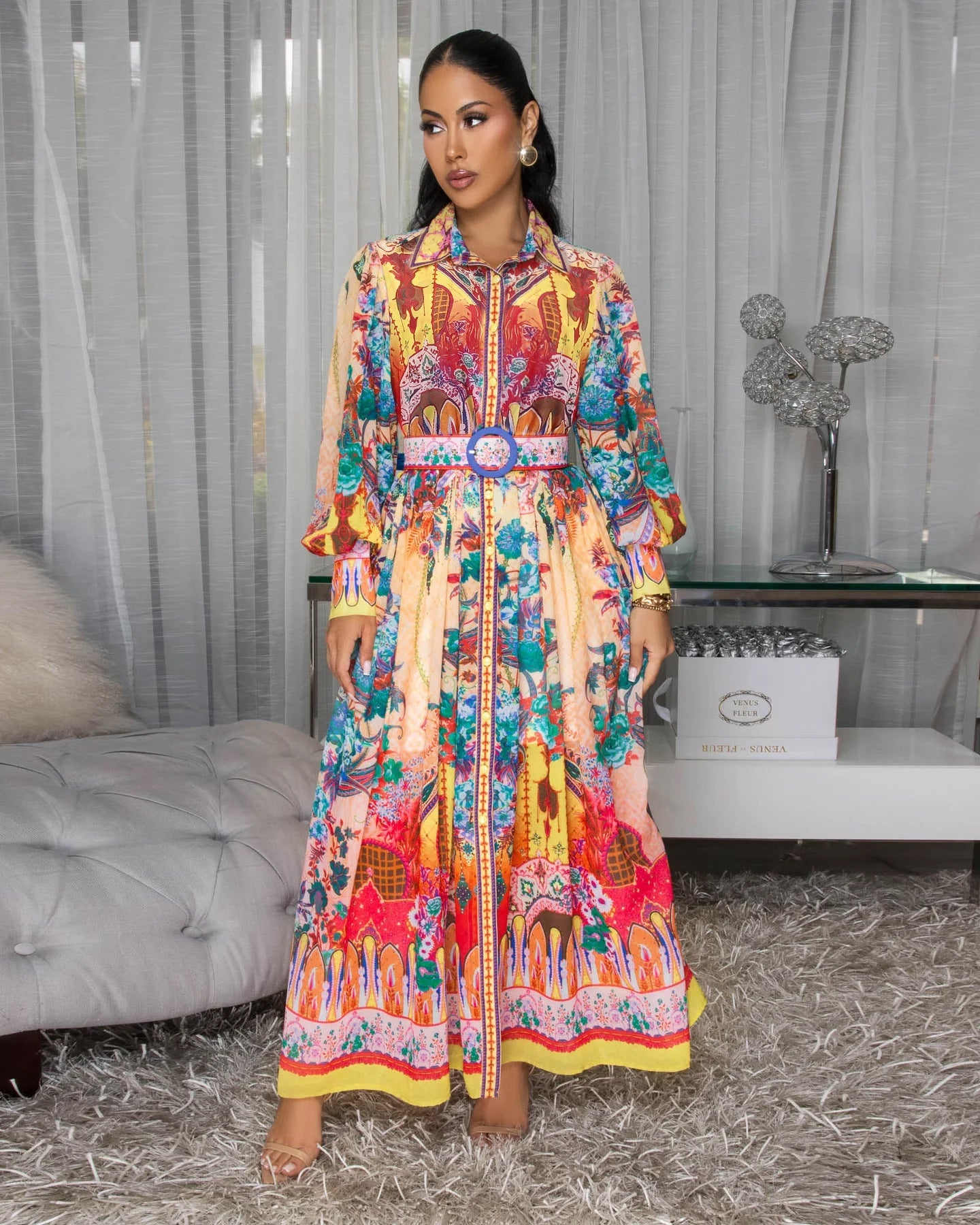 Fall Lapels Lantern Sleeve Waist Tight Ethnic Painted Printing Comfort Casual Maxi Dress Women by Ragazza