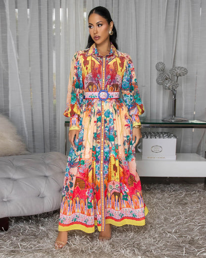 Fall Lapels Lantern Sleeve Waist Tight Ethnic Painted Printing Comfort Casual Maxi Dress Women by Ragazza