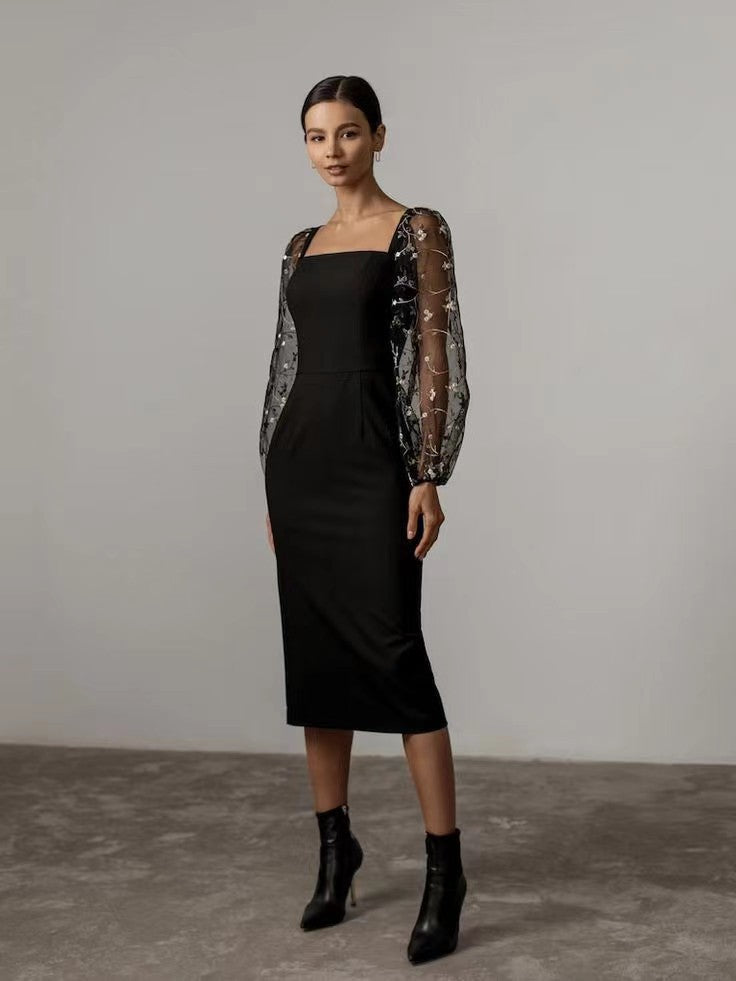 Women Concise Elegant Embroidery Stitching Hip Dress by Ragazza