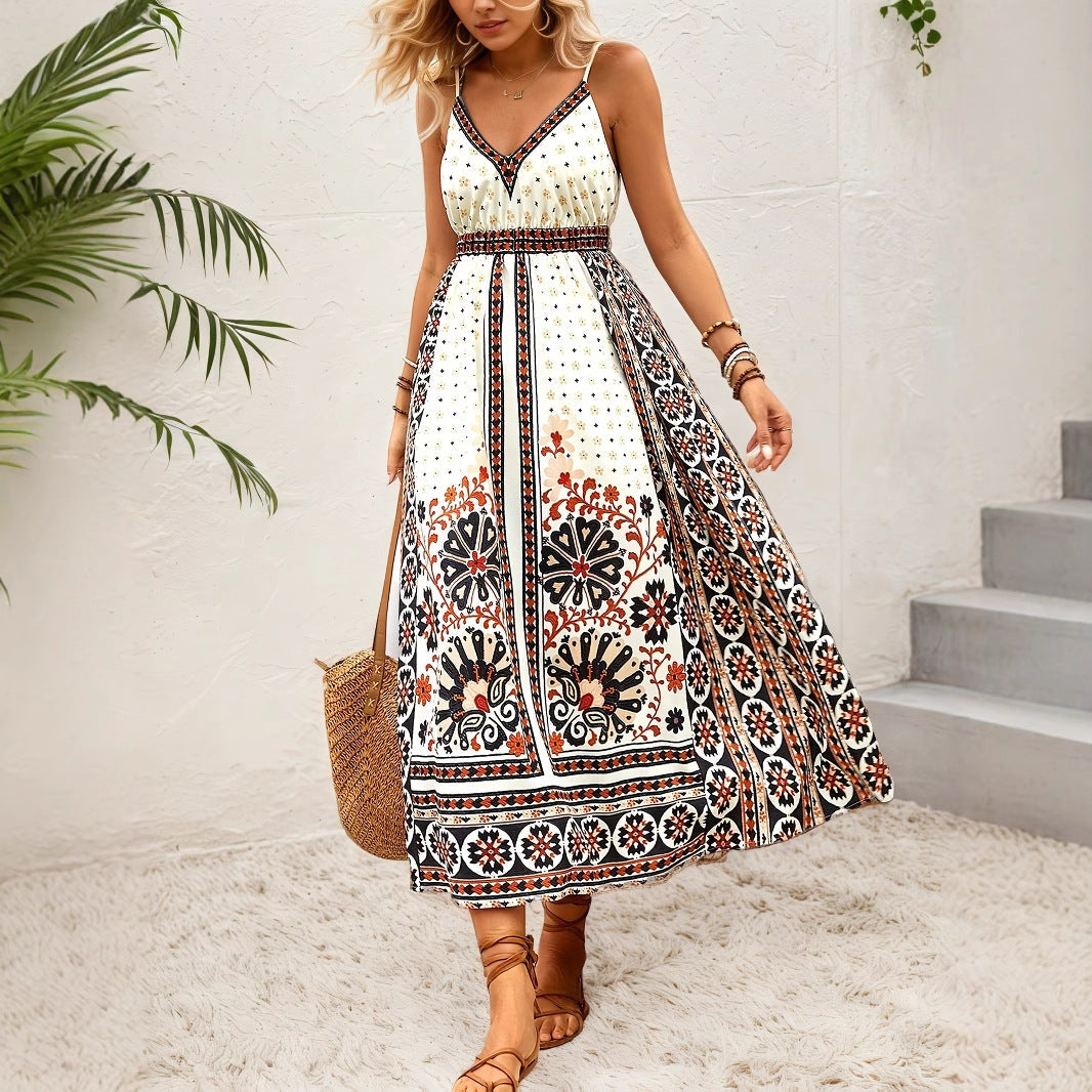 Backless Cami Dress Bohemian Ethnic Positioning Printing Vacation Casual Internet Influencer Long by Ragazza