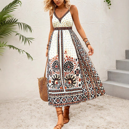 Backless Cami Dress Bohemian Ethnic Positioning Printing Vacation Casual Internet Influencer Long by Ragazza