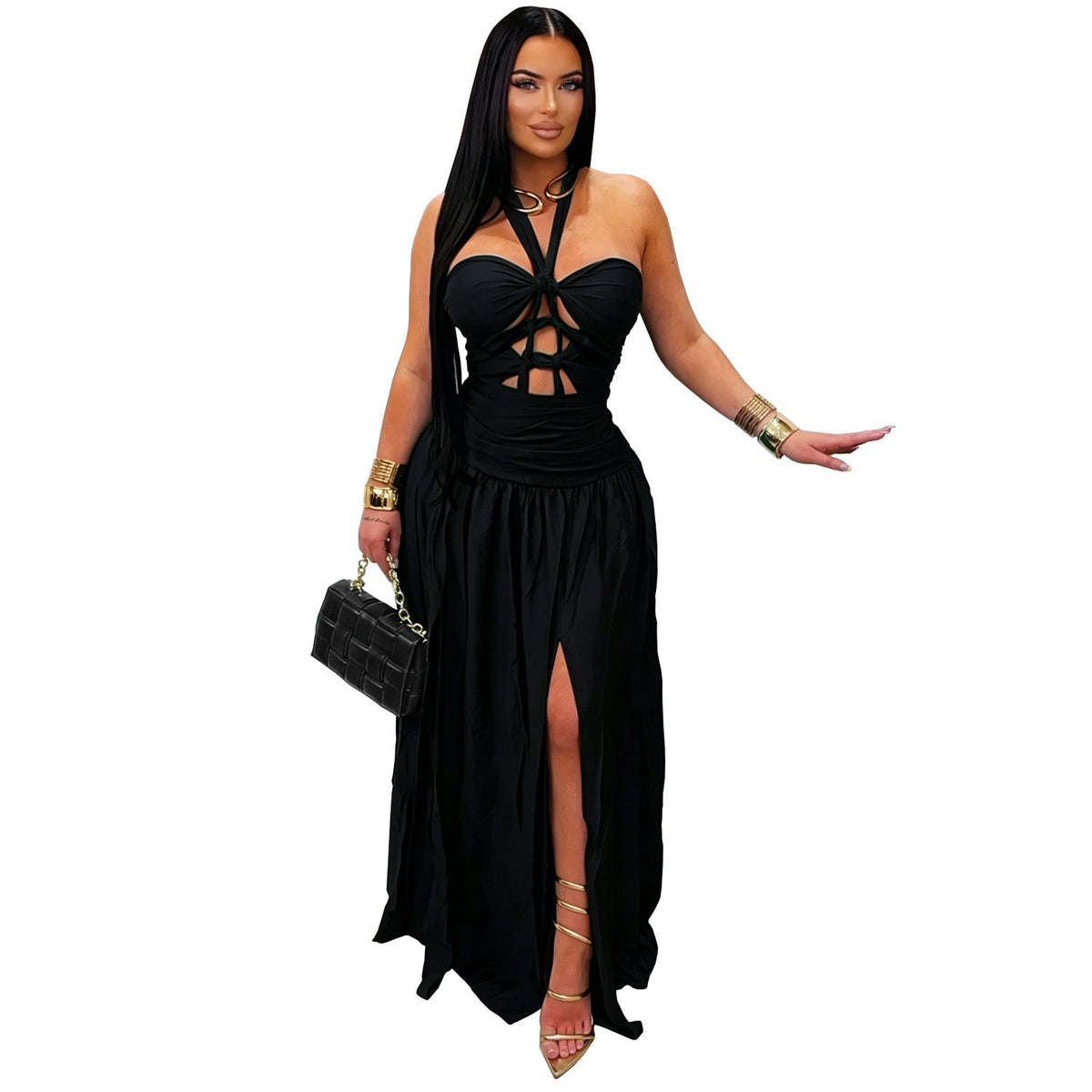 Popular Halter Cut out Lace up Party Evening Dress Satin Side Split Dress  DestGlow