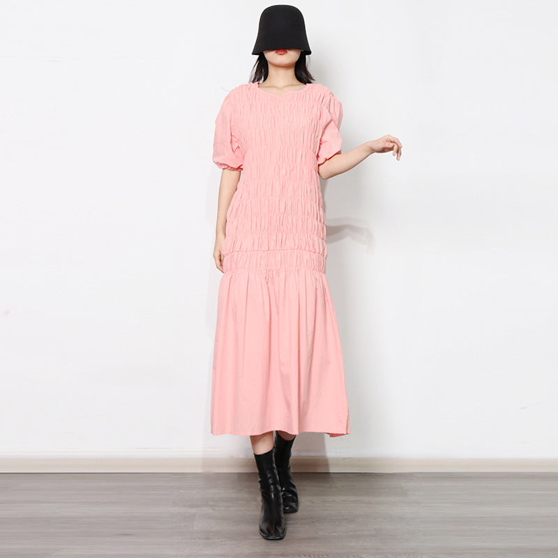 Fresh Sweet Early Spring round Neck Puff Sleeve Personalized Elastic Pleated Design Ruffled Hem Women Dress by Ragazza