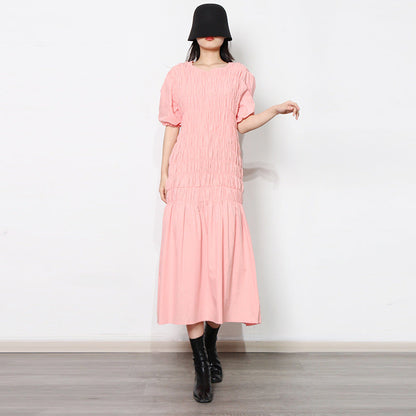 Fresh Sweet Early Spring round Neck Puff Sleeve Personalized Elastic Pleated Design Ruffled Hem Women Dress by Ragazza
