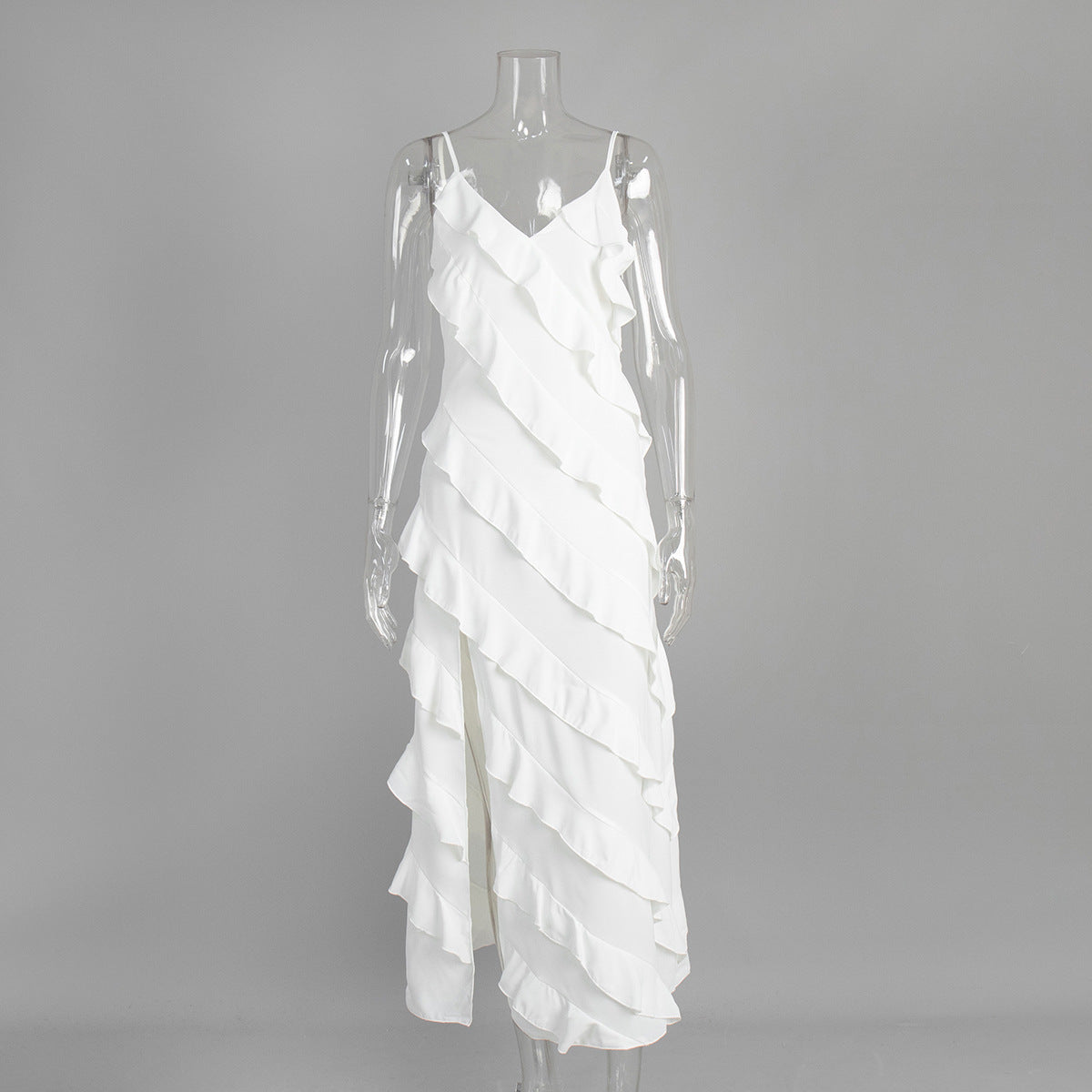 Patchwork Ruffled Sling Maxi Dress Summer Sexy Slit Slim Fitting by Ragazza