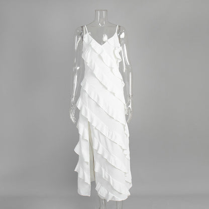 Patchwork Ruffled Sling Maxi Dress Summer Sexy Slit Slim Fitting by Ragazza