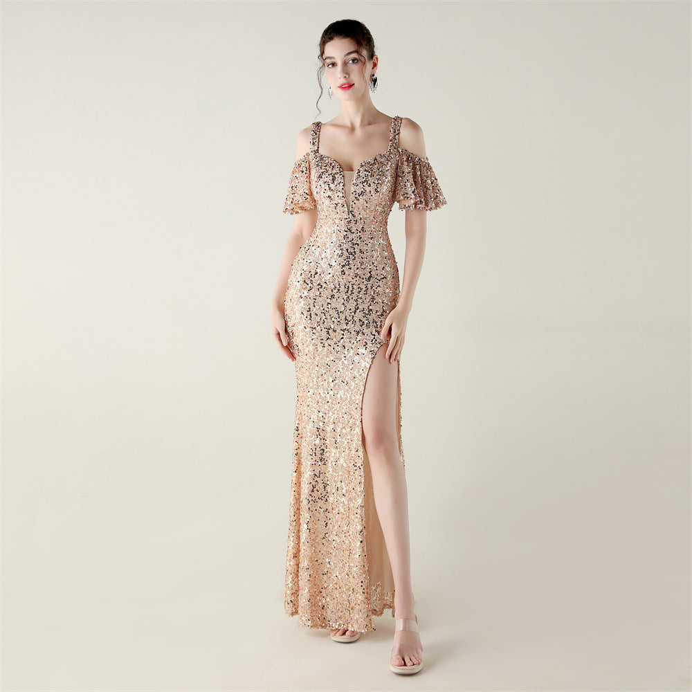 Bead Tube Sequin Heavy Industry Evening Dress Short Sleeve off the Shoulder Deep V Plunge High Slit Fishtail Dress Cocktail Socialite by Ragazza