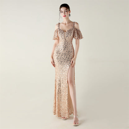 Bead Tube Sequin Heavy Industry Evening Dress Short Sleeve off the Shoulder Deep V Plunge High Slit Fishtail Dress Cocktail Socialite by Ragazza