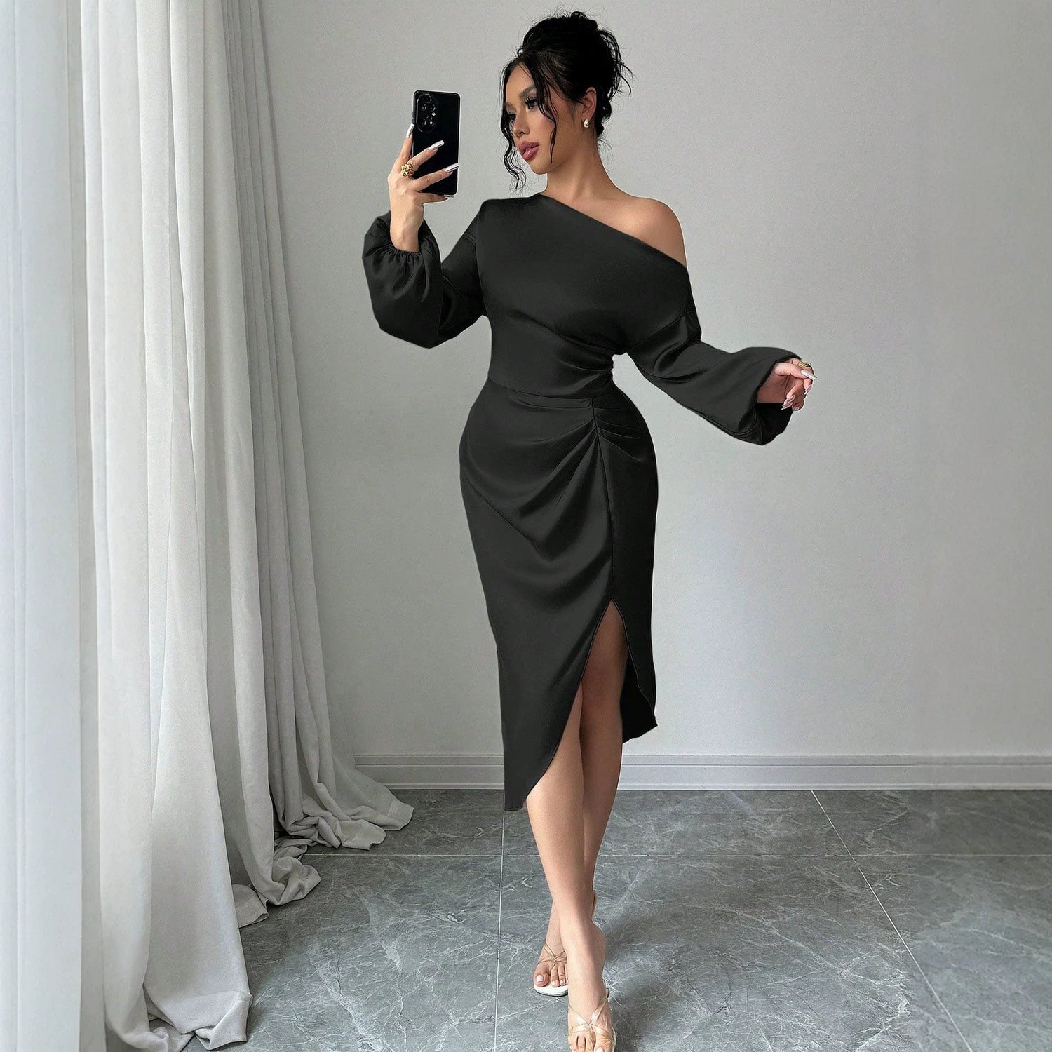 One Shoulder Cold Shoulder Long Sleeve Dress Fitted Waist Pleated Irregular Asymmetric Slit Midi Dress Elegant Evening Dress by Ragazza