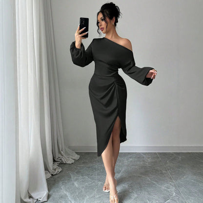 One Shoulder Cold Shoulder Long Sleeve Dress Fitted Waist Pleated Irregular Asymmetric Slit Midi Dress Elegant Evening Dress by Ragazza