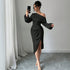 One Shoulder Cold Shoulder Long Sleeve Dress Fitted Waist Pleated Irregular Asymmetric Slit Midi Dress Elegant Evening Dress by Ragazza