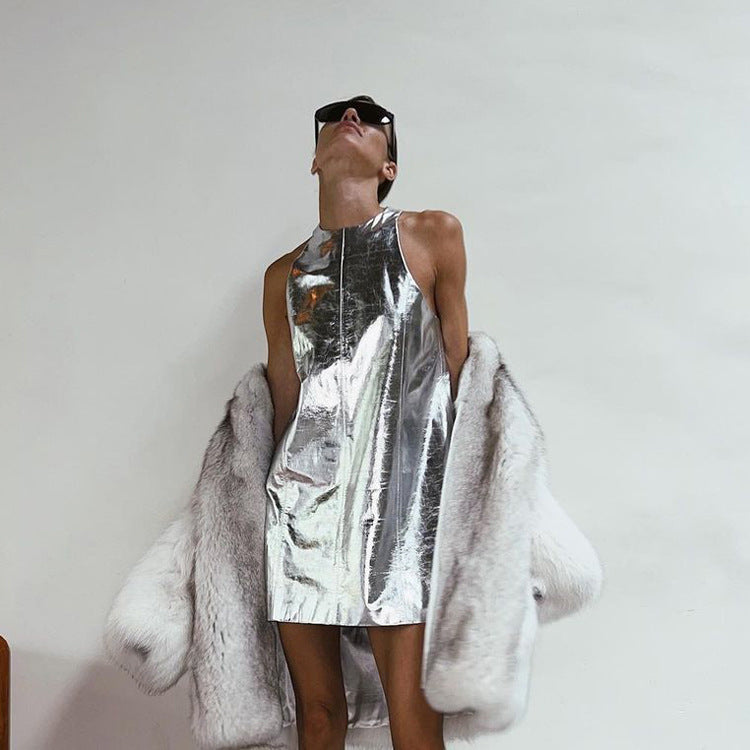Summer Women Clothing Reflective Faux Leather Sexy Nightclub Vest Dress Sleeveless Short Dress by Ragazza
