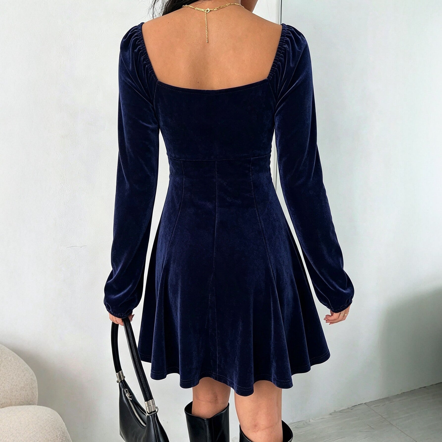 V neck Velvet Women Autumn Winter Puff Sleeve Waist Slimming A line Dress  DestGlow