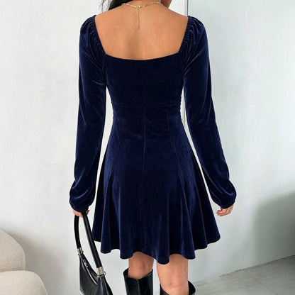 V neck Velvet Women Autumn Winter Puff Sleeve Waist Slimming A line Dress  DestGlow