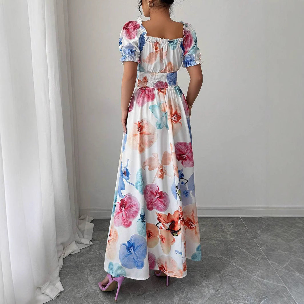 Summer Bubble Sleeve High Waist Tight Waist Women Printed Wear Large Swing Sling Dress by Ragazza