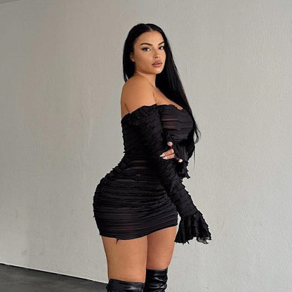 Autumn Solid Color off Shoulder Sexy Long Sleeve Narrow High Waist Women Dress by Ragazza
