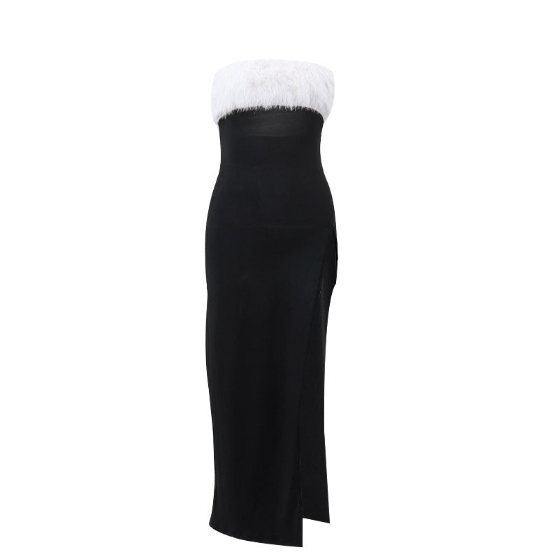 Winter Sexy Sexy off Shoulder Furry Tube Top Slit Dress Women by Ragazza