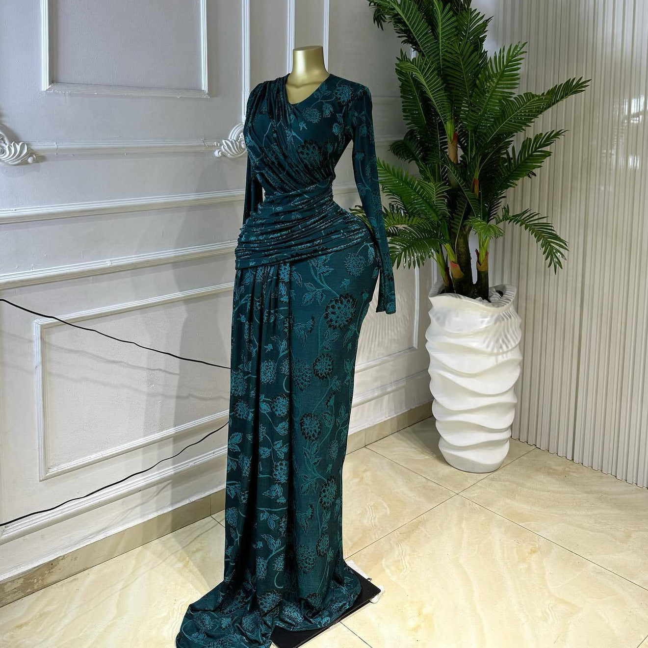 Women Clothing Spring Elegant Pleating Slim Printed Sheath Maxi Dress by Ragazza