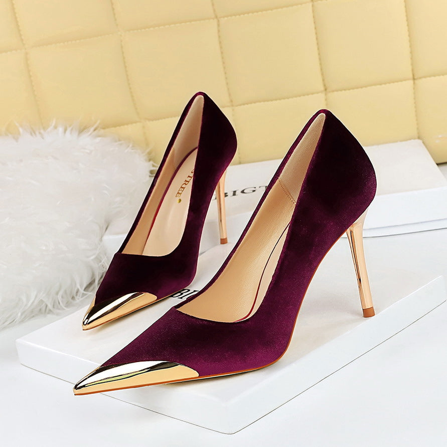 Cocktail Affordable Luxury High Heels Stiletto Heel Metal Pointed Toe Suede Women Thin Shoes  DestGlow