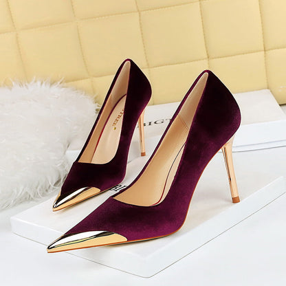 Cocktail Affordable Luxury High Heels Stiletto Heel Metal Pointed Toe Suede Women Thin Shoes  DestGlow