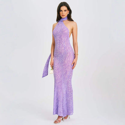 Lace up Bare Back Sexy Halter High Waist See through Mesh Slim Fit Oblique Shoulder Dress by Ragazza