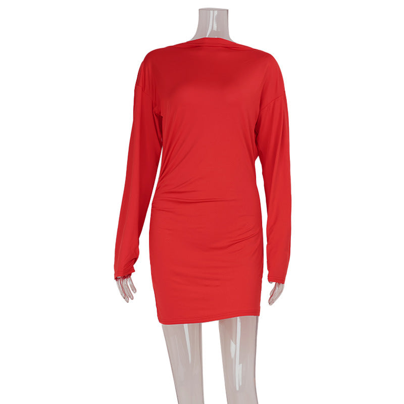Red Women V Shaped Backless Elegant Socialite Solid Color Slim Dress Women by Ragazza