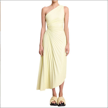 Women Clothing One Shoulder Diagonal Collar Pleated Hollow Out Cutout Dress by Ragazza