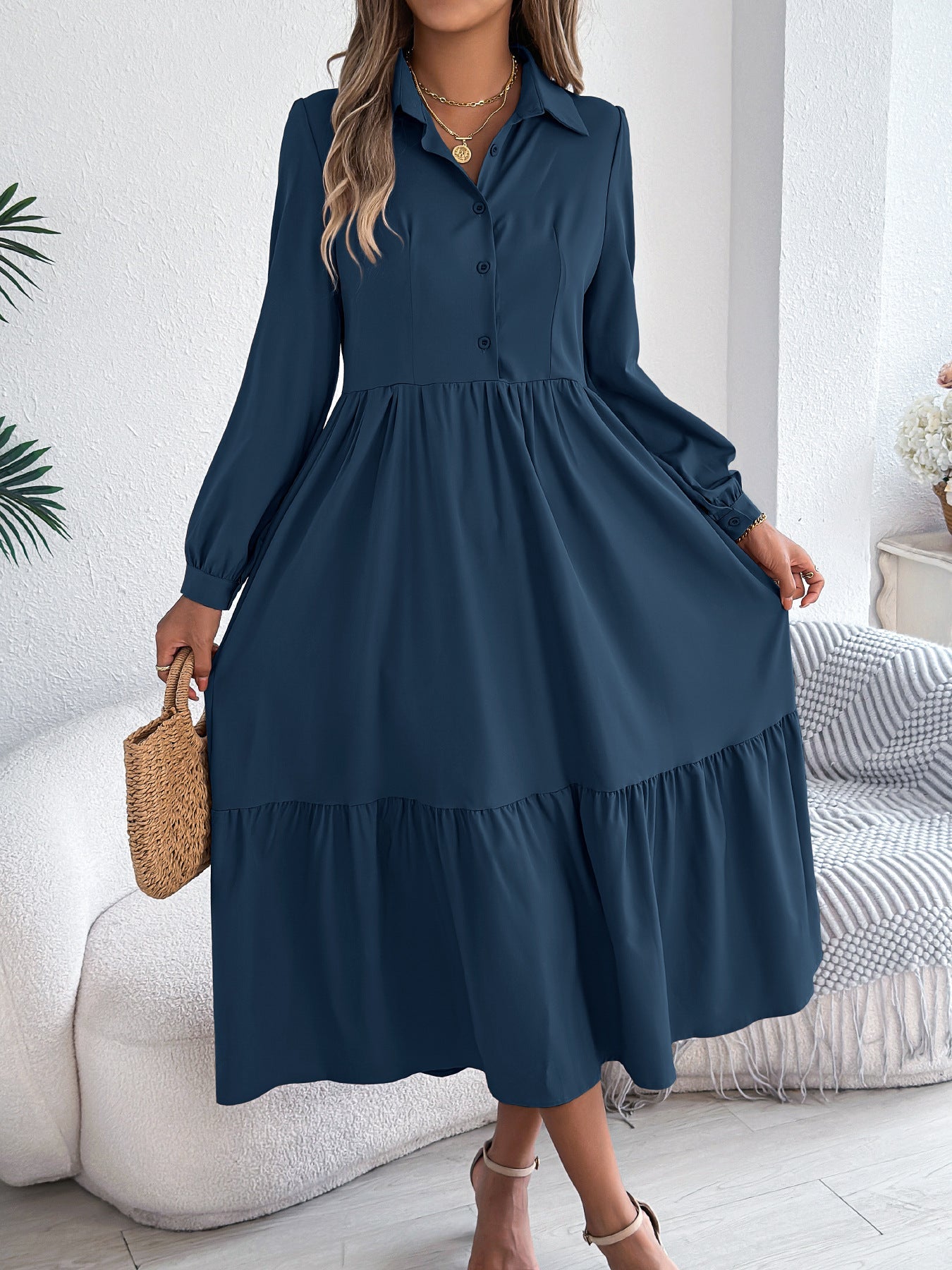 Autumn Winter Collared Casual Loose Long Sleeve Ruffled Shirt Dress Women Clothing by Ragazza