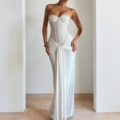 Women Evening Maxi Dress Waist Slimming Ribbon Tube Top Dress by Ragazza