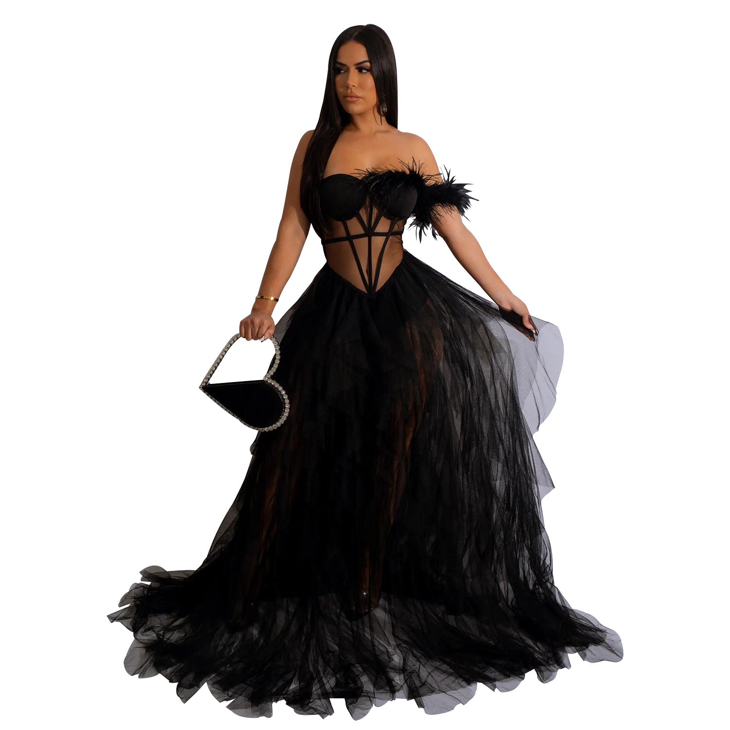 Women Wear Solid Color Sleeveless Corset Mesh Maxi Dress Dress 