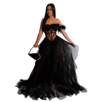 Women Wear Solid Color Sleeveless Corset Mesh Maxi Dress Dress 